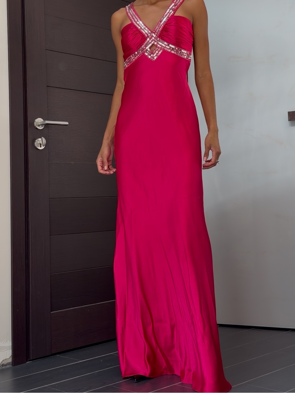 Hailey Logan Hot Pink Beaded-Strap Prom Gown